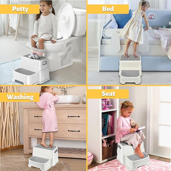 2 Step Stool for Kids, Anti-Slip Toddler Toilet Potty Training Stool with Handles, Two Step Stool for Bathroom, Kitchen, Bedroom, Living Room