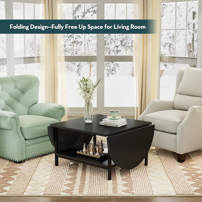 SAYGOER Black Coffee Table Modern Extended Coffee Tables with Storage for Living Room 2-Tier Unique Center Table with Two Foldable Panel for Any Large or Small Space, All Black
