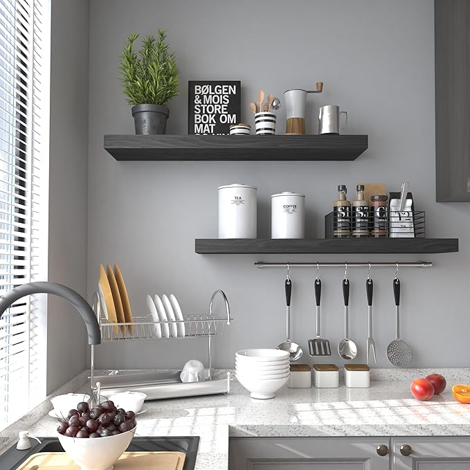 Floating Shelves for Wall - 24 x 9 Inch Natural Wood Shelves for Bathroom, Bedroom, Kitchen Decor, Farmhouse Decor Set of 2, Black