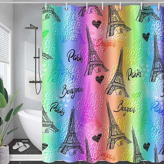 AILONEN Rainbow Shower Curtain for Bathroom, Rainbow Gradient Eiffel Tower Printed Bath Curtain,Women Girls Kids Minimalist Waterproof Fabric Shower Curtain Set with Hooks 72" W*96" H