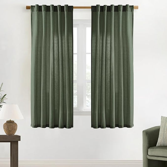 XTMYI 68 Inch Curtains 2 Panel Set,Linen Boho Semi Sheer Curtains for Bedroom Living Room,40x68 in Long,Olive Green