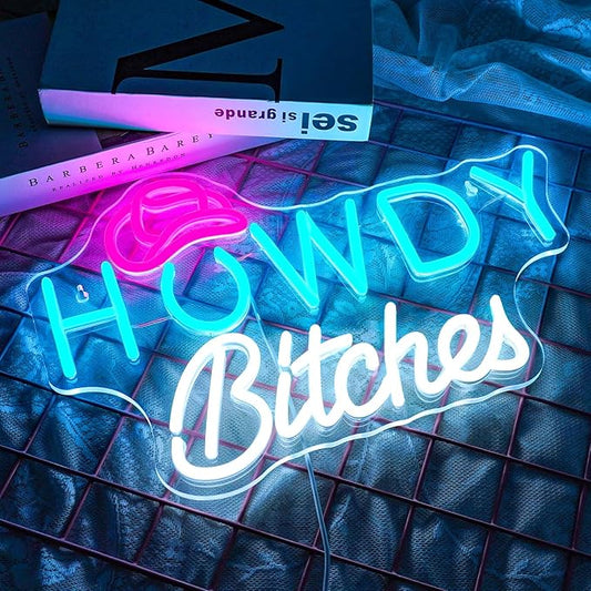 NEONLOVE Howdy Neon Sign Blue White Neons Sign for Wall Decor Cowboy Hat Neon Lights Sign with USB Dimmable Neon Light Up Sign for Bedroom College Dorm Single Party Bar Country Girls Living Room