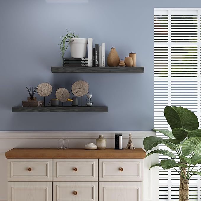 Floating Shelves for Wall - 24 x 9 Inch Natural Wood Shelves for Bathroom, Bedroom, Kitchen Decor, Farmhouse Decor Set of 2, Black