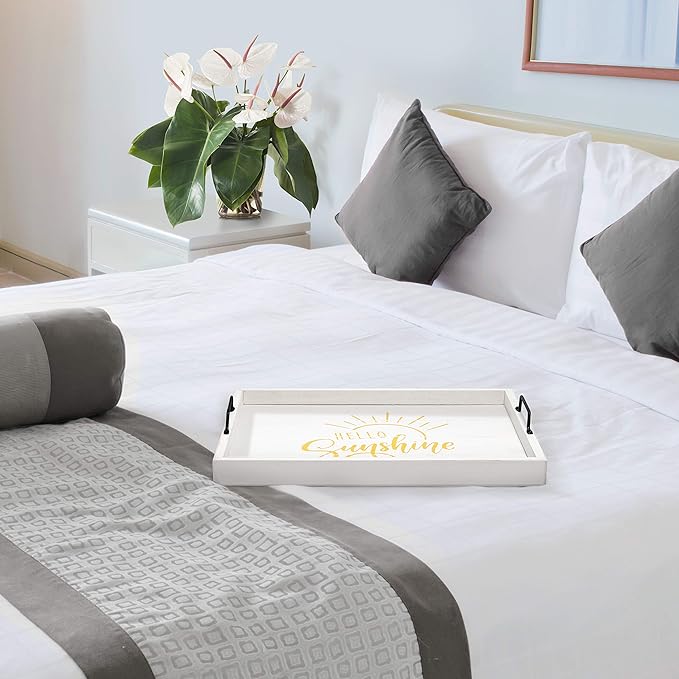 Elegant Designs, 15.50"" x 12"", Hello Sunshine Decorative Wood Serving Tray w/Handles, White Wash (HG2000-WHS)