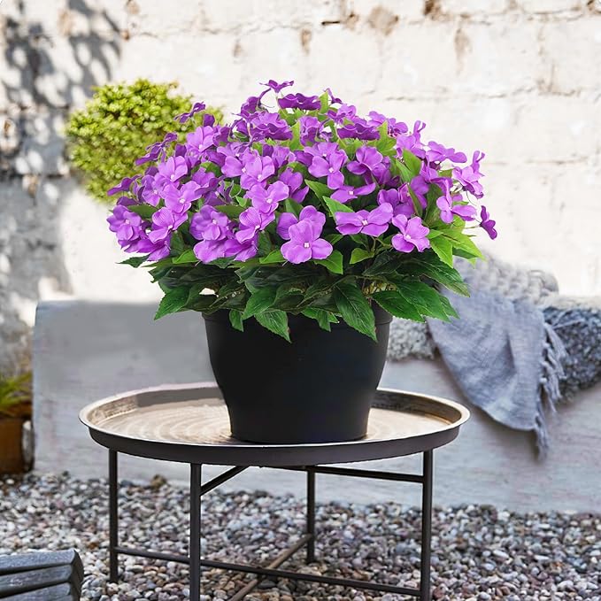 4 Pcs Artificial Flowers Outdoor Impatiens UV Resistant Silk Impatiens Flowers Purple Faux Flowers Impatiens Bushes Artificial Impatiens for Pot Patio Lawn Garden Hanging Basket Porch Decor
