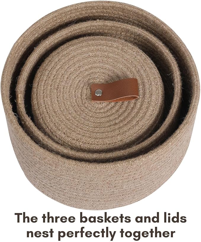 Cottonphant Set of 3 Stylish Round Woven Baskets with Lids - Elegant Storage Solution for Home Decor and Organization - Compact Shelf Baskets (Jute, 10"x6"-8"x5"-6"x4")