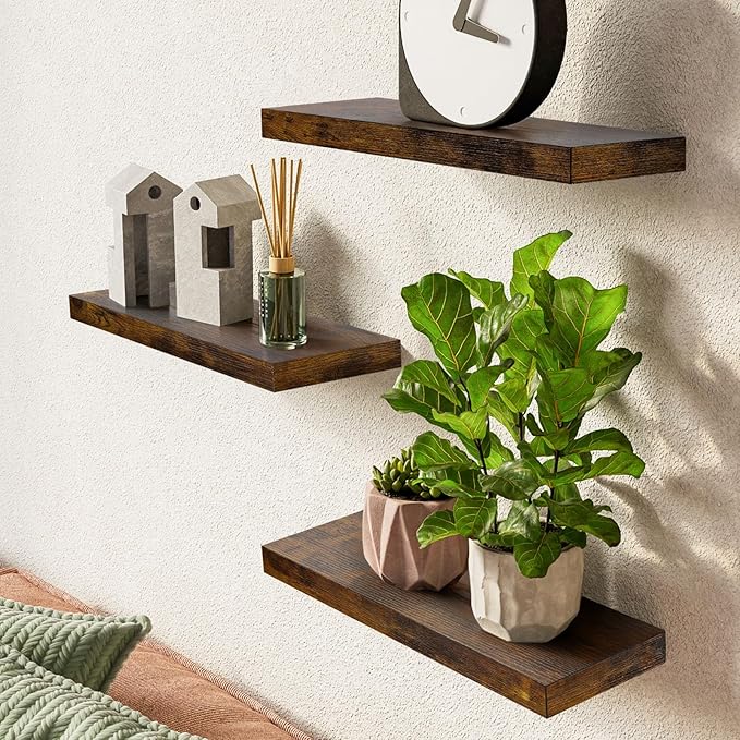 BAYKA Floating Shelves for Wall – Bathroom Shelves Rustic Wood with Metal Brackets for Bathroom, Bedroom, Kitchen, or Living Room Decor – Rustic Brown, Set of 3, Sturdy Storage with 22lb Capacity