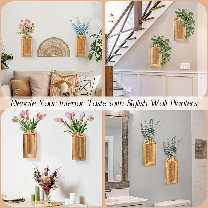 2 Pack Wall Decor Wood Planters for Indoor Plants, Modern Planter Bathroom, Living Room, Kitchen Decor, Farmhouse Vase Dried Flowers and Faux Greenery(Rustic Brown)