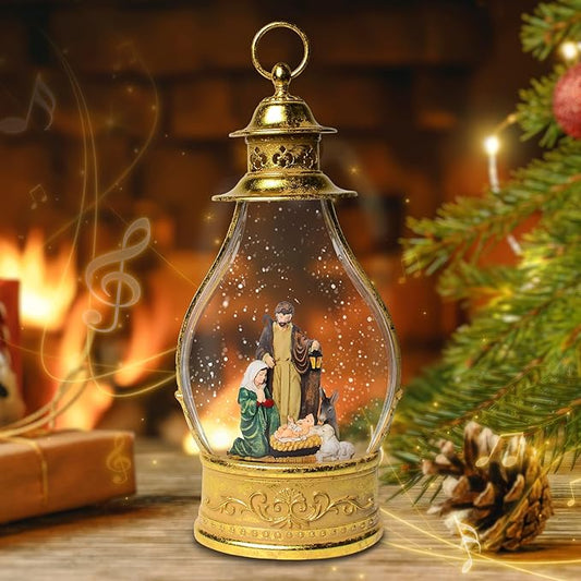 Christmas Snow Globes, 15.3" Nativity Glitter Water Lantern with Song, 6H Timer Battery & USB Powered Music Box for Christmas Decorations Indoor
