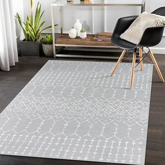 Lahome Moroccan Washable Living Room Area Rug - 3x5 Small Rugs for Bedroom Throw Non-Slip Low-Pile Entryway Rug Kitchen Rugs Soft Grey Distressed Capet for Office Bathroom Laundry Room Dining Room