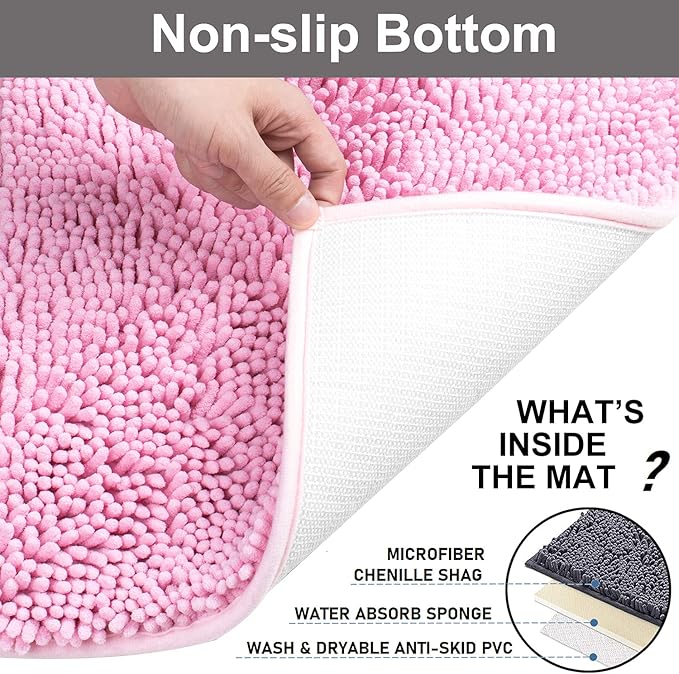 VAGAU Bathroom Rugs 2 Pieces Chenille Bath Rug Mat, Extra Thick and Soft Absorbent Bath Rugs, Machine Washable, Non-Slip Plush Bath Mats for Tub, Shower, and Bath Room (Pink)