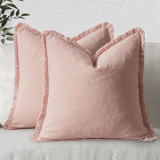 MIULEE Decorative Throw Pillow Covers Neutral Linen Fringe Throw Pillows Set of 2 Pink Boho Farmhouse Cushion Covers with Tassels for Couch Sofa Bed Living Room Spring Home Decor 18x18 Inch