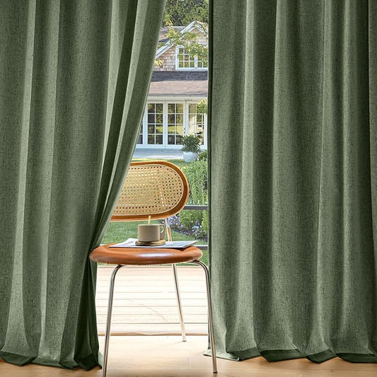 MIULEE Non-See-Through Privacy Linen Curtains 2 Panels, Olive Green Light Filtering Window Curtains Farmhouse Textured Back Tab Semi Sheer Drapes for Bedroom Living Room 96 Inches Long Dark Green