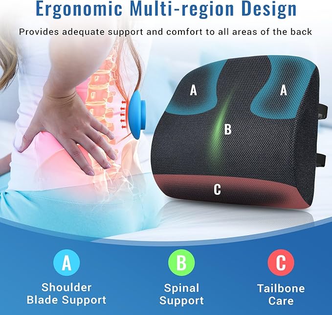 Lumbar Support Pillow for Office Chair Car Seat Cushion for Lower Back Sciatica Pain Relief Firm Memory Foam Pillows Wedge Chairs Cushions with Dual Straps (Mesh Black)