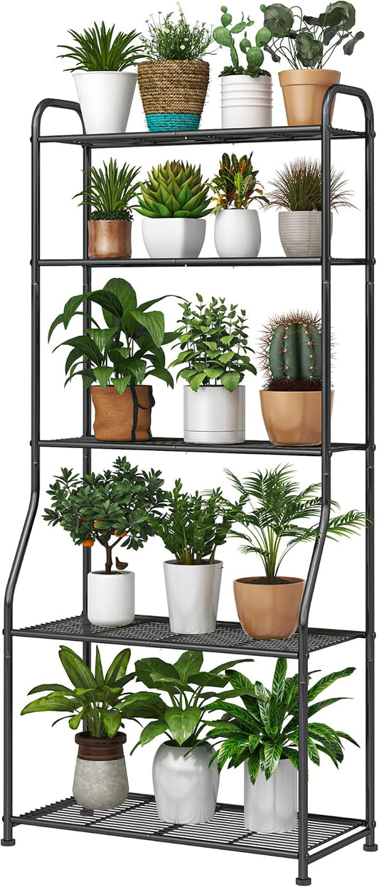 Plant Stand 5-Tier Plant Shelf for Indoor Outdoor, Waterproof Metal Tall Plant Stand for Living Room Bathroom Balcony Garden, Black