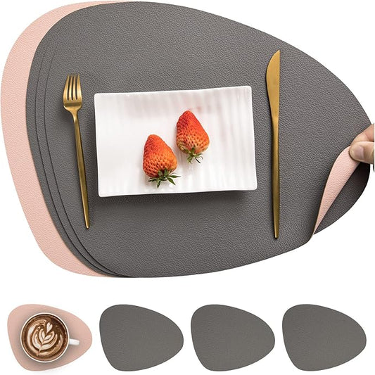 Myir JUN Placemats, Dual-Sided Placemats Waterproof Faux Leather Placemats Set of 4 Place Mats and Coasters Non-Slip Washable Table Mats for Dining Table (Gray Pink, Set of 4)