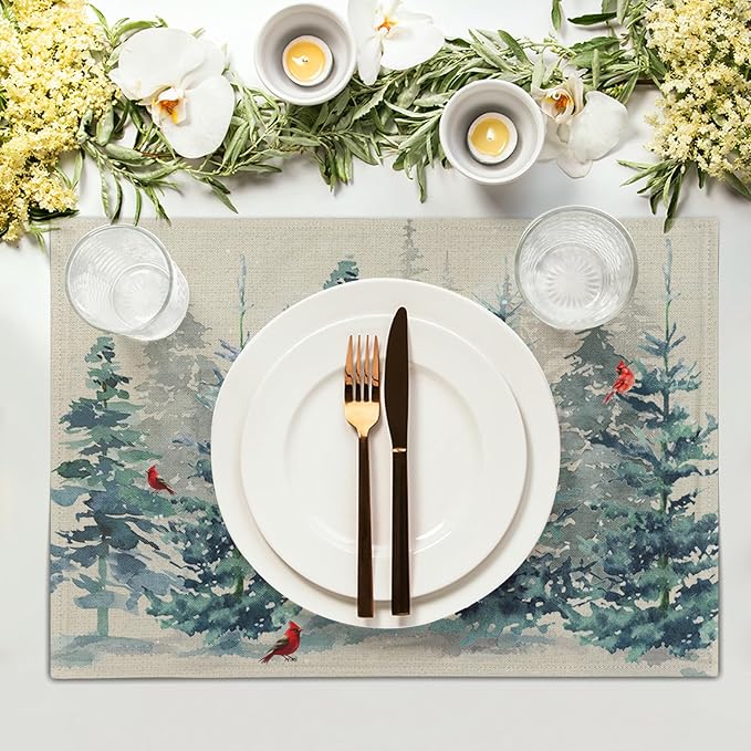 Winter Forest Tree Placemats Set of 4，Pine Tree Christmas Red Bird Heat Resistant Non Slip Place Mats Cotton Linen Tablemats for Dining Table Kitchen Decor 18 x 12 Inch