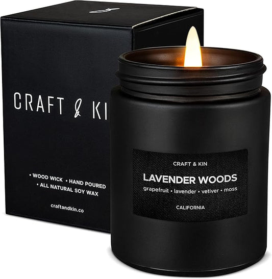 Craft & Kin Premium Lavender Woods Candle | Black Spring Scented Candles for Men | Long Lasting with 45 Hour Burn Time, 7.6oz | Made with Soy | Aromatherapy at Home | Gifts for Men