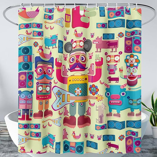 AILONEN Cartoon Robot Shower Curtain Sets,Beautiful Music Guitar Robots Theme Bathroom Decors, 72" W*72" H Cute Shower Curtain for Boys Girls Teens Kids