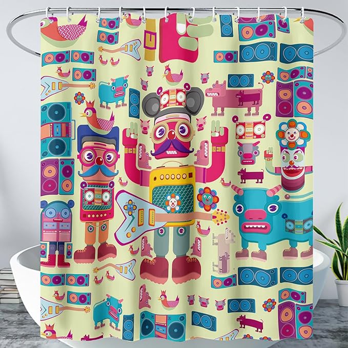 AILONEN Cartoon Robot Shower Curtain Sets,Beautiful Music Guitar Robots Theme Bathroom Decors, 48" W*72" H Cute Shower Curtain for Boys Girls Teens Kids