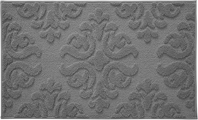 DEXI Bathroom Rug 24x36, Non Slip Washable Bath Mat for Shower Floor, Absorbent Soft Bathmat with Rubber Backing, Plush Fluffy Microfiber Floral Retro Carpet, Dark Grey