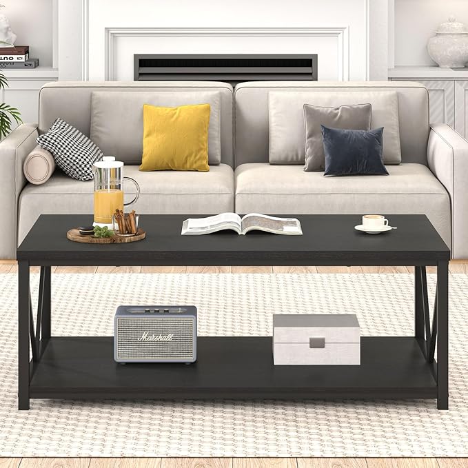 EXCEFUR Black Coffee Table, Modern Wood and Metal Living Room Table with Storage Shelf, 47 Inch