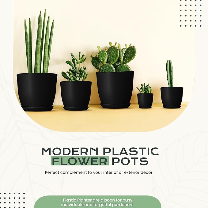 Utopia Home - Plant Pots Indoor with Drainage - 7/6.6/6/5.3/4.8 Inches Home Decor Flower Pots - Pack of 10 Plastic Planters for Indoor Plants, Cactus, Succulents Pot - Black