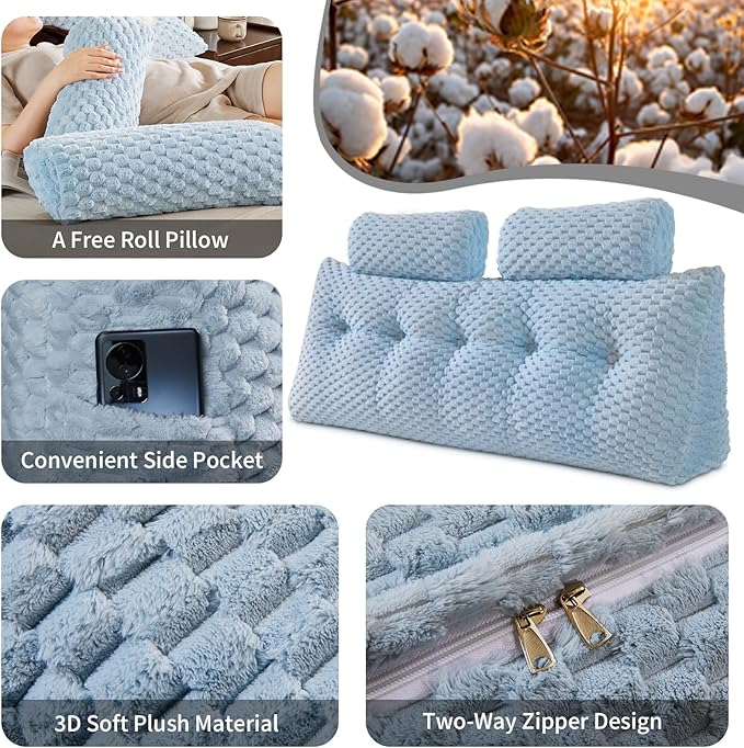 Wedge Headboard Pillow - Bed Wedge Pillow for Headboard Triangular Headboard Pillow with Neck Roll Pillow-Large Bolster Pillow for Sitting in Bed Backrest Positioning Support (Blue,76x8x20 Inches)