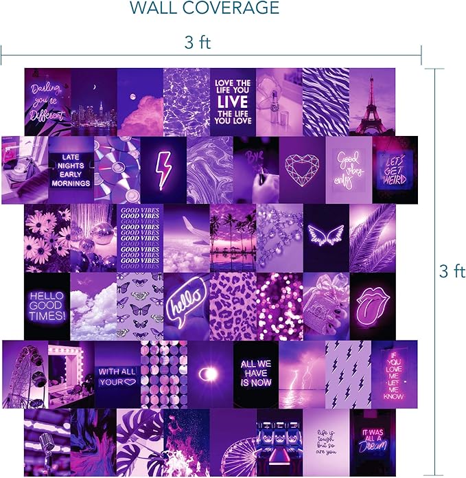 Artivo Purple Wall Collage Kit, 50 Set 4x6 Butterflies, Purple Black Pictures for Wall Decor, Posters for Room Aesthetic, Girls Room Decor, Cute Wall Decor for Teens
