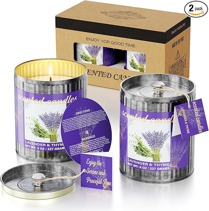 Vintage Scented Candles Gift Set (2 x 8 oz) - Lavender & Thyme Aromatherapy Candle, Natural Soy Wax Candle, (2 x40) Hours Burn, 8% Fragrance Oil, Holiday Gifts for Home Decor, Relaxation & Christmas