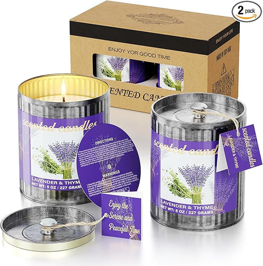 Vintage Scented Candles Gift Set (2 x 8 oz) - Lavender & Thyme Aromatherapy Candle, Natural Soy Wax Candle, (2 x40) Hours Burn, 8% Fragrance Oil, Holiday Gifts for Home Decor, Relaxation & Christmas