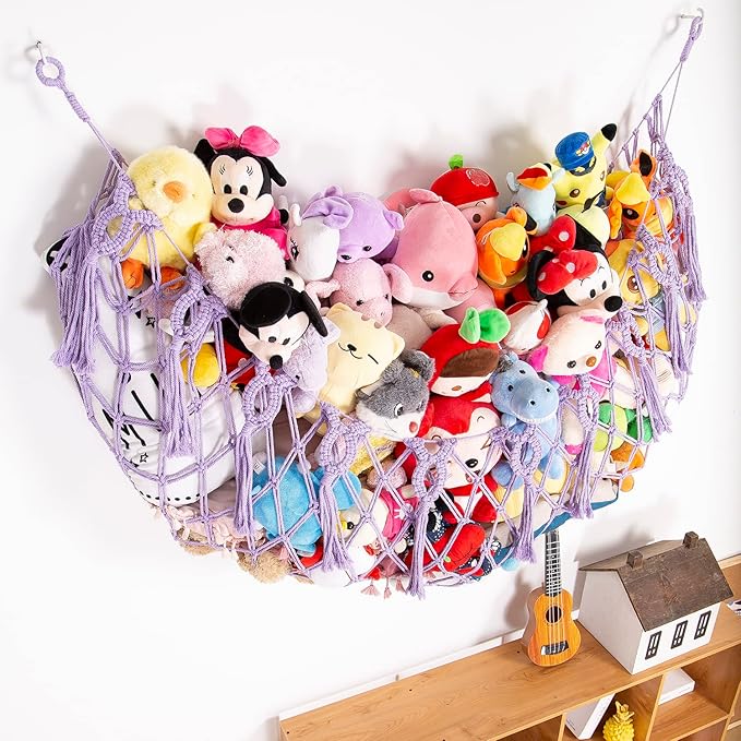 Stuffed Animal Net or Hammock Wall Hanging Net for Stuffed Animal Storage Macrame Toy Display Plush Toy Holder Soft Toy organizer for Nurery Baby Bedroom Playroom-Purple
