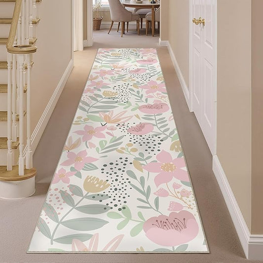 Floral Runner Rug 3x8 Washable Hallway Pink Bedroom Non Slip Cute Long Kitchen Carpet Botanical Indoor Soft Accent Rug for Bathroom Dining Laundry Living Room