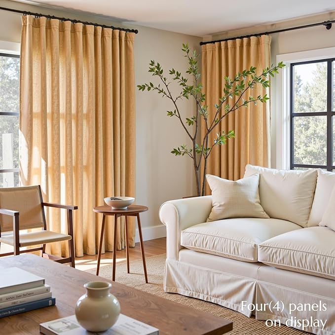 jinchan Linen Blend Curtains 96 inch Length 2 Panels for Bedroom Living Room, Floor to Ceiling 50 inch Wide Farmhouse Drapes with Rod Pocket Back Tab(50W x 96L, Mustard Yellow)
