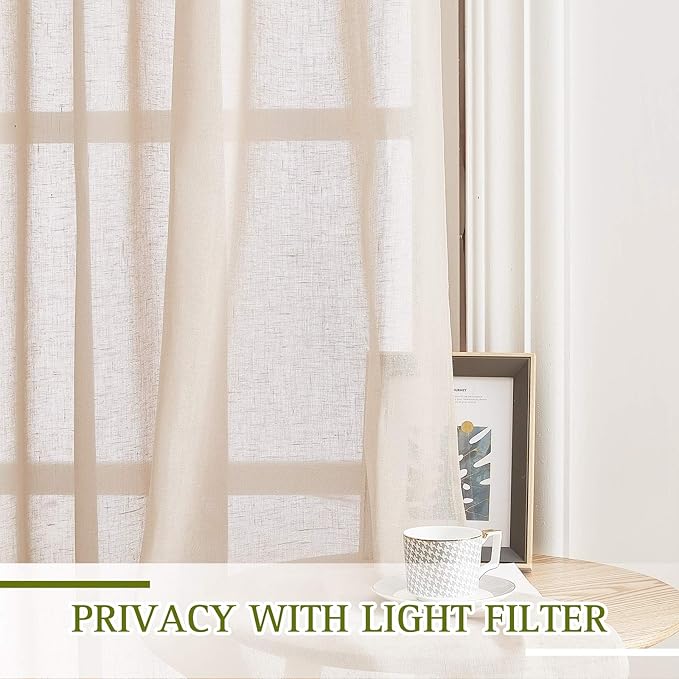 NICETOWN Semi Sheer Beige Curtains 84 inches Long, Grommet Retro Linen Curtains Window Treatments Vertical Drapes Privacy with Light Filter for Living Room, W52 x L84, 2 Panels