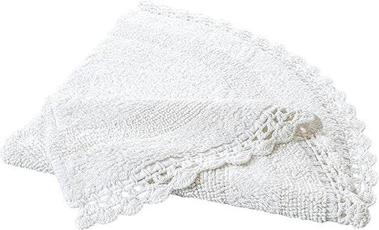 Half Circle Bohemian Bathroom Rug with Handwoven Chrochet Border, Beautifully Handcrafted 100% Cotton Mat - 22x42 inch, Round Boho Bedroom Rug, Boho Bathroom Décor, Machine Washable - White