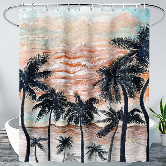 AILONEN Beach Shower Curtain,Retro Afterglow Bathroom Shower Curtain Sets for Girls Boys Teens Women, 72" W*84" H Sunset Coconut Tree Theme Bathroom Decors