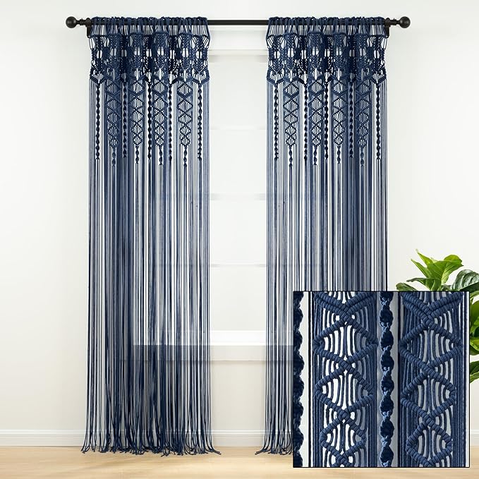 Lush Decor Boho Macrame Textured Cotton Window Curtain Panel, Single Panel, 40" W x 84" L, Navy - Doorway Curtain - Room Divider, Wedding Or Wall Decor - Boho Curtain - Macrame Curtains for Windows