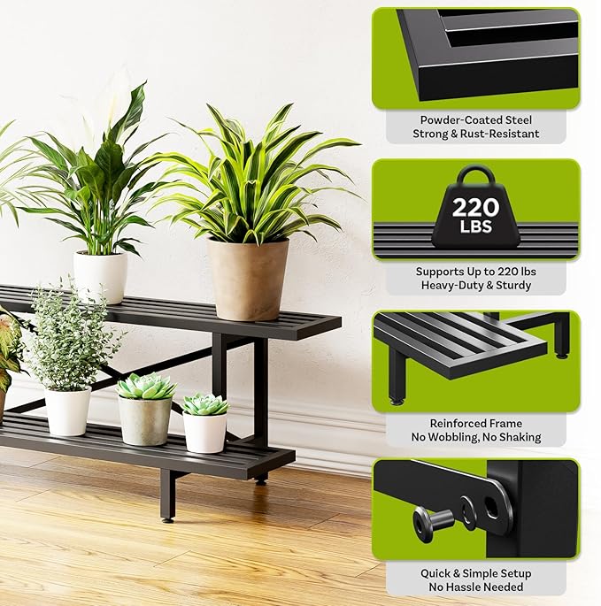 Idzo Steel Ladder Plant Stand Indoor, Heavy-Duty Steel Plant Holder, 220 lbs per Layer Capacity, Rustproof and Weather-Resistant, Indoor/Outdoor Metal Plant Stand, Space-Saving Display, Easy Assembly, 2-Tier