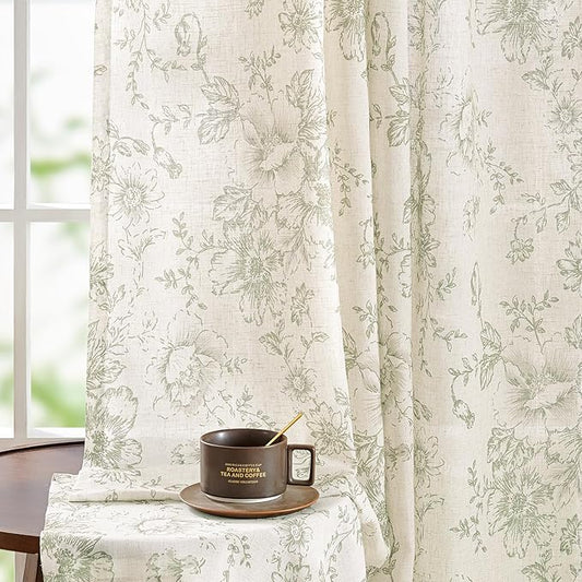 jinchan Linen Blend Curtain Floral Curtains for Living Room 90 Inch Length Sage Green Printed Curtain Rod Pocket Back Tab Farmhouse Peony Flower Patterned Drapes Bedroom Window Curtains Set 2 Panels