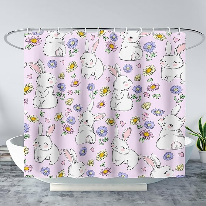 AILONEN Rabbit Bunny Shower Curtain for Bathroom,Cute Animal Shower Curtain Colorful Flower Decor Bath Curtain 72" W*78" H Polyester Fabric Waterproof Bathroom Bathtub Curtain with 12 Hooks