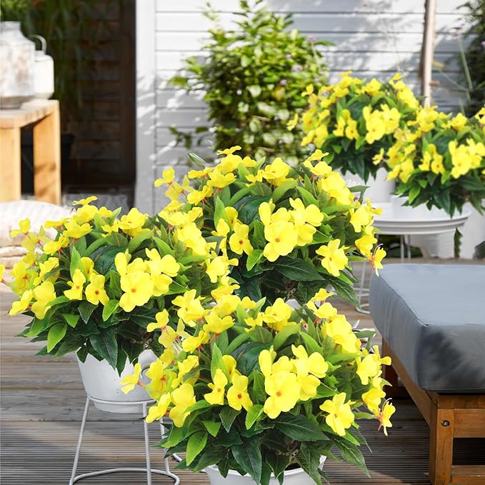 4 Pcs Artificial Flowers Outdoor Impatiens UV Resistant Silk Impatiens Flowers Yellow Faux Flowers Impatiens Bushes Artificial Impatiens for Pot Patio Lawn Garden Hanging Basket Porch Decor