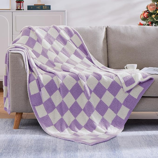 WRENSONGE Checkered Throw Blanket, Purple Soft Cozy Fluffy Warm Hand Made Throw Blankets for Couch, Sofa, Chair, Bed, Camping, Picnic, Travel Lightweight Bed Blanket - 60"*80"