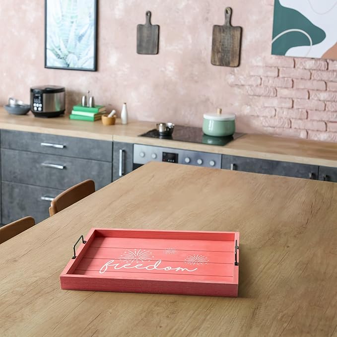 Elegant Designs Decorative Wood Serving Tray w/Handles, 15.50" x 12", Red Wash Freedom (HG2000-RFR)