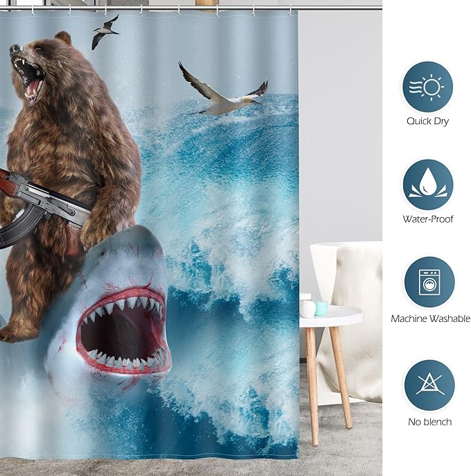 Funny Shark Bear Shower Curtain - Fun Bear Riding Shark in Ocean Wave Cool Shower Curtains Set with 12 Hooks for Adults Wild Bathroom Decor Accessories, 72"x72", Blue Brown