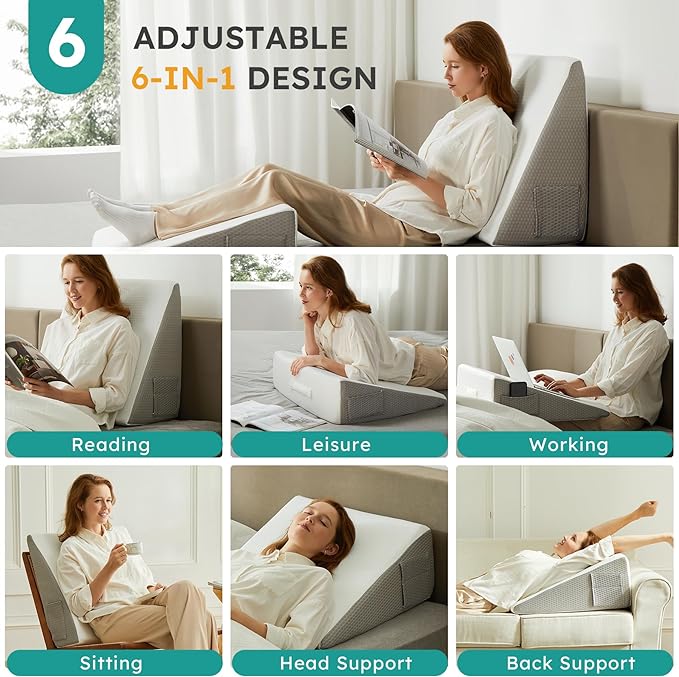 Wedge Pillow for Sleeping, 12 inch Bed Wedge Pillow, Elevated Body Pillow for Back Support, Acid Reflux, Leg, Neck Pain, Snoring, Triangle Pillow Wedge - Cooling Memory Foam Top, White/Grey