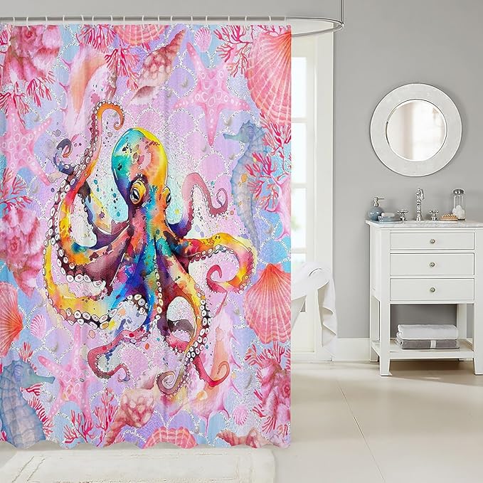Feelyou Watercolor Octopus Fabric Shower Curtain Under Sea Animals Themed Shower Curtain for Kids Pink Shells and Corals Bathroom Waterproof Accessories with 12 Hooks Ombre Curtains,72X84 Inches