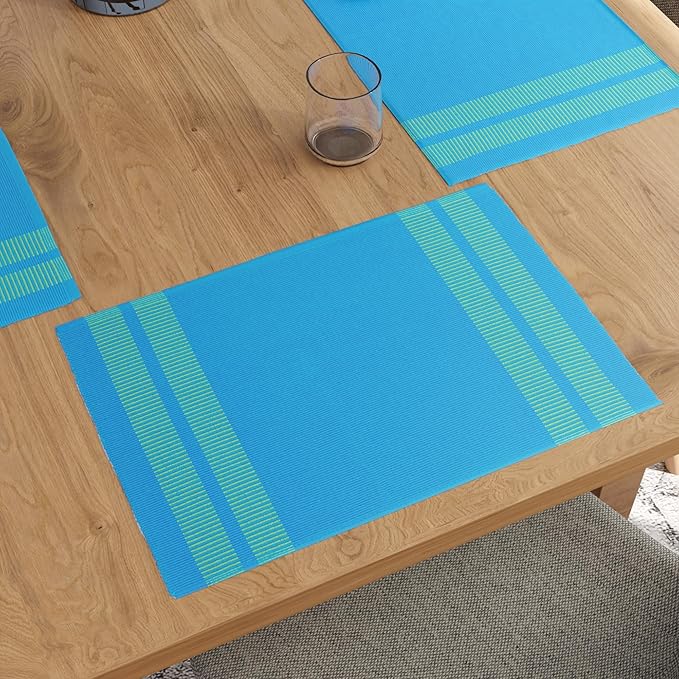 Encasa XO Dining Placemat Set of 6 | Ladder Turq Blue Color | Fine Ribbed Cotton Table mat | Size 18x13 in | Machine Washable