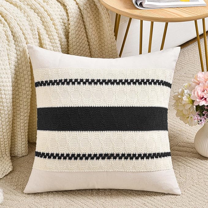 Fancy Homi Set of 2 Boho Black Decorative Throw Pillow Cover 16x16 Inch for Couch Bed Sofa, Aesthetic Modern Organic Farmhouse Home Decor, Soft Cotton Cute Accent Macrame Woven Cushion Case
