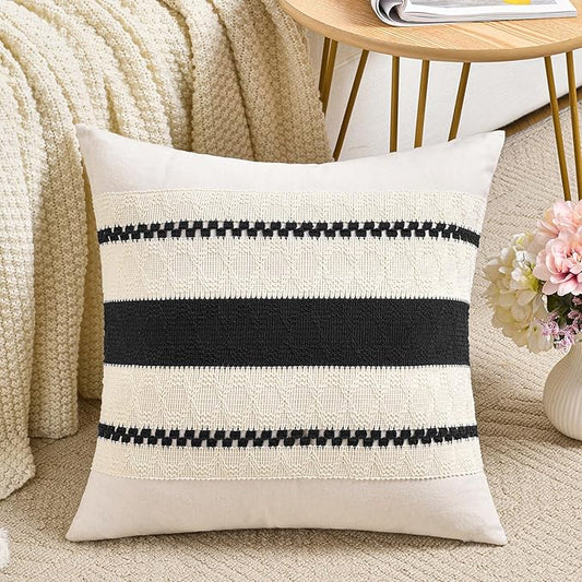 Fancy Homi Set of 1 Boho Black Decorative Throw Pillow Cover 18x18 Inch for Couch Bed Sofa, Aesthetic Modern Organic Farmhouse Home Decor, Soft Cotton Cute Accent Macrame Woven Cushion Case